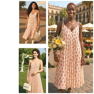 Spring Boho Cottagecore Large Mauve Floral Pleated Spaghetti Strap Midi Sundress